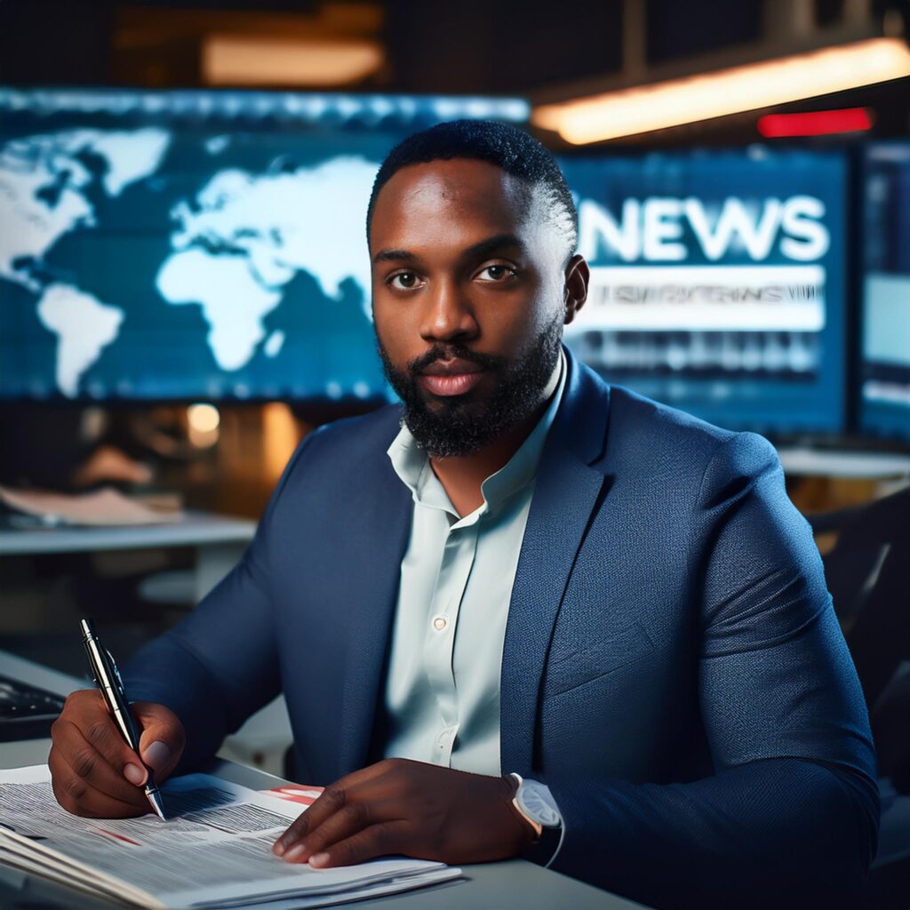 This image has an empty alt attribute; its file name is Firefly-a-black-journalist-working-in-a-newseoom-43719-1024x1024.jpg